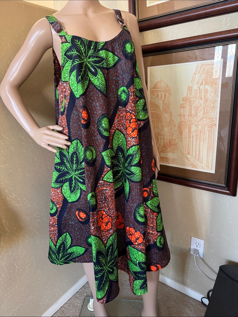 Hawaiian Polynesian African A-Line Wax Fabric Cotton Swing Dress sz L